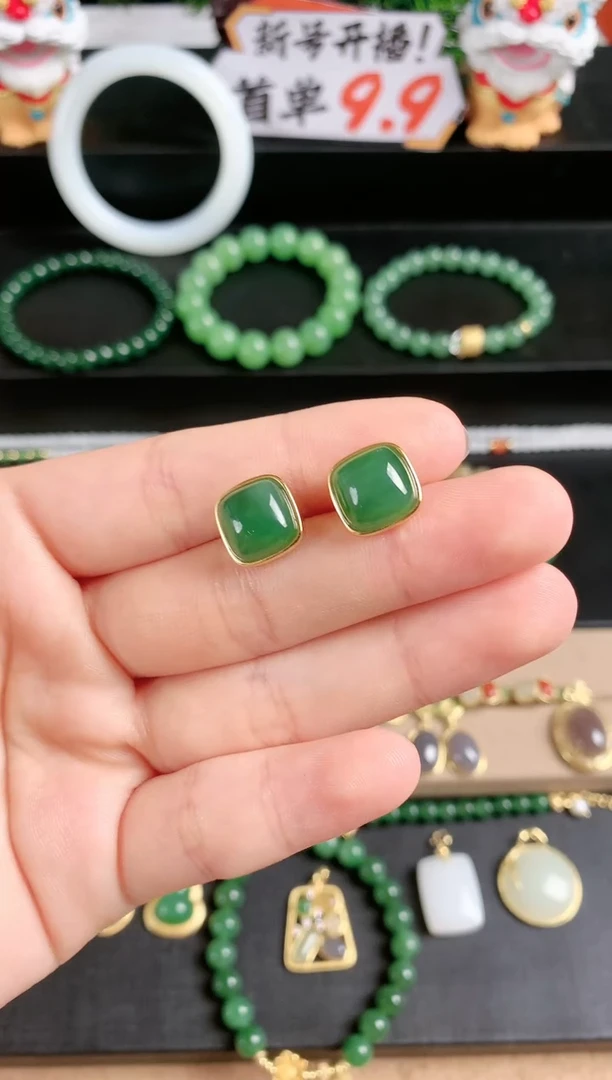 银S925镶嵌和田玉耳饰＠****?1