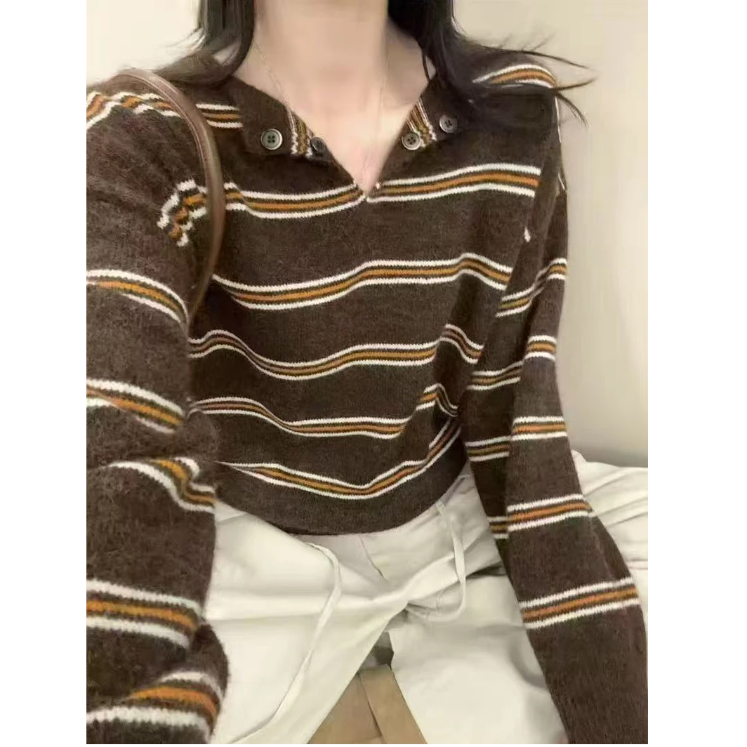 【卡布奇诺】半开领软糯慵懒风宽松百搭条纹针织衫套头加厚外搭