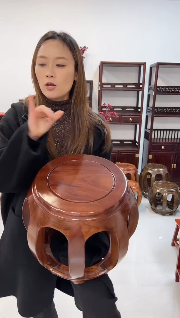 花梨木类家具一对亚花梨胡桃色小号鼓凳
