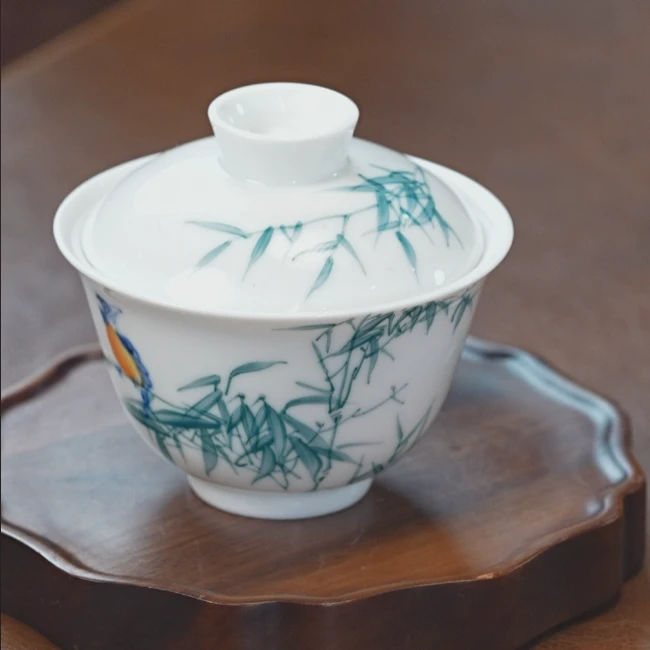 江广釉下彩竹报平安盖碗