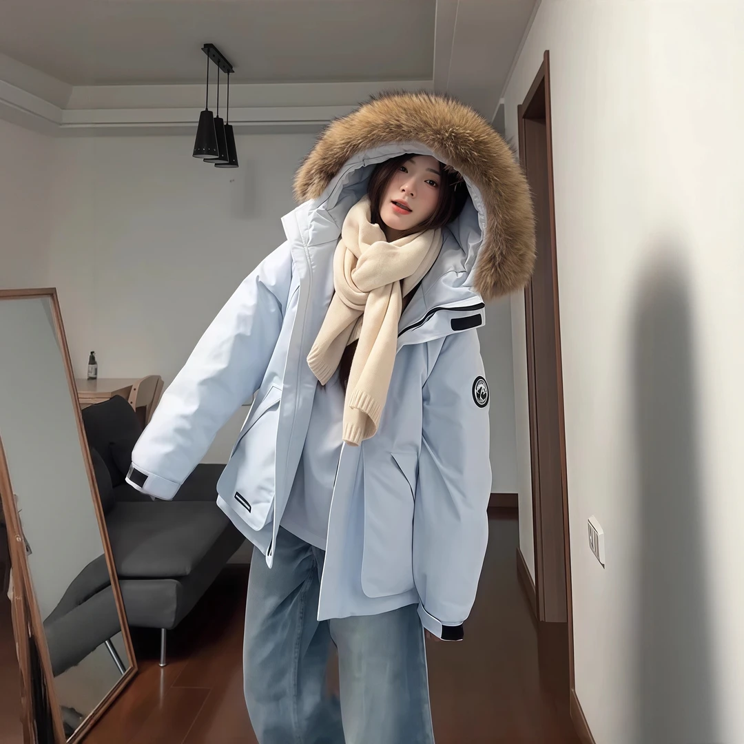 浅蓝色大毛领棉服女款2025年秋冬季新款高个子加厚工装派克服