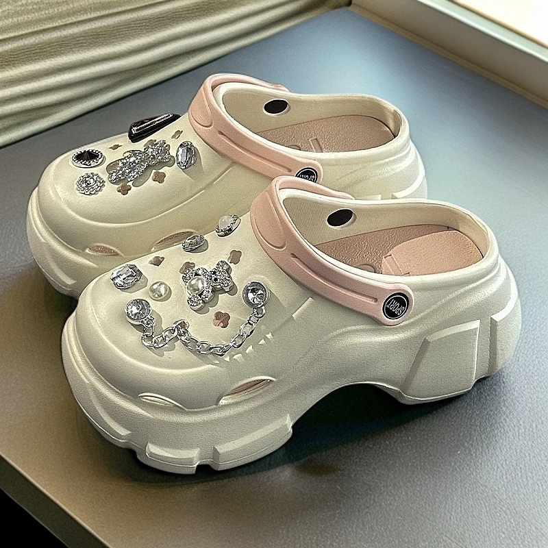 一字式扣带外穿夏季凉鞋防滑搭扣厚底纯色软底洞洞鞋中跟女