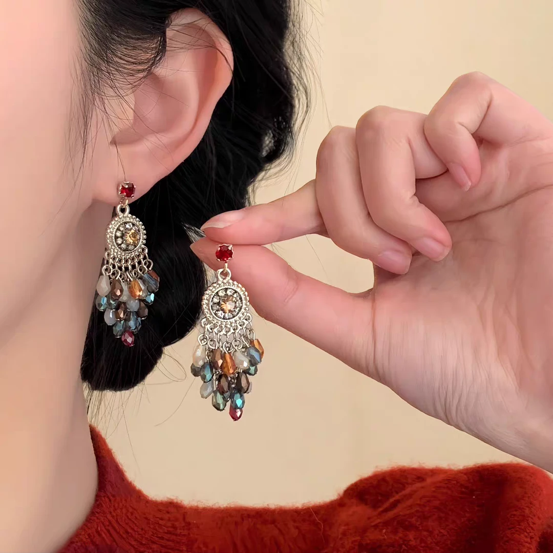 铜合金耳饰 民族风气质流苏蚊香盘无耳洞耳夹长款耳环轻奢感水晶