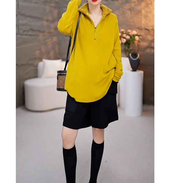 安哥拉红春装新款双面绒打底衫休闲时髦洋气可外穿上衣-5904