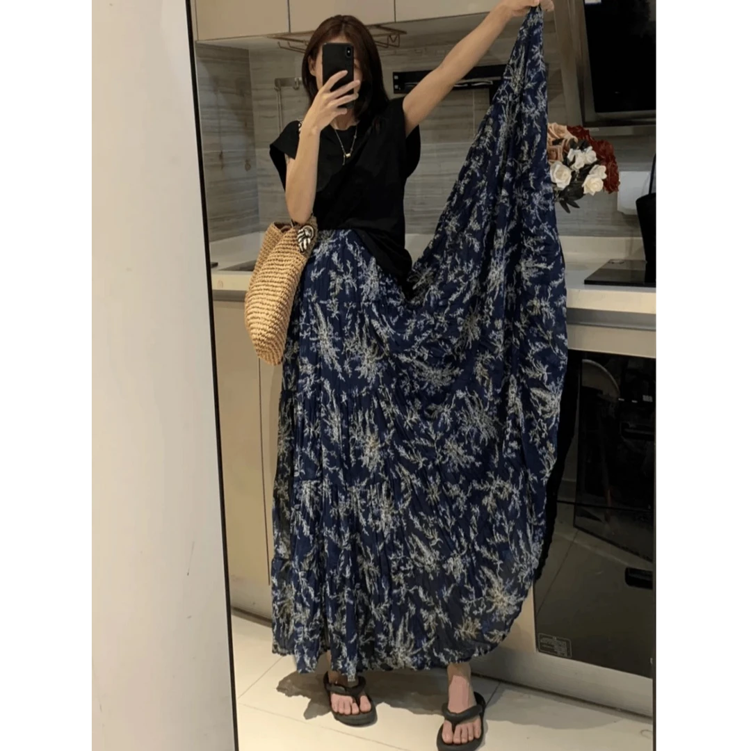 高级感大摆印花显瘦遮肉a字裙2025春秋新款气质减龄中长款半身裙