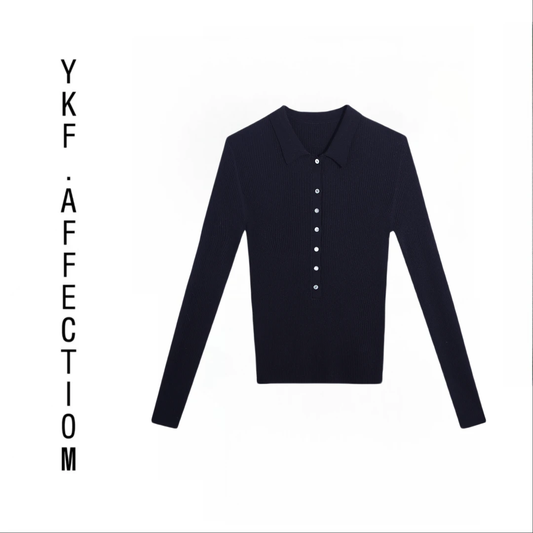 老钱风精致亨利polo领半排扣针织打底衫24010