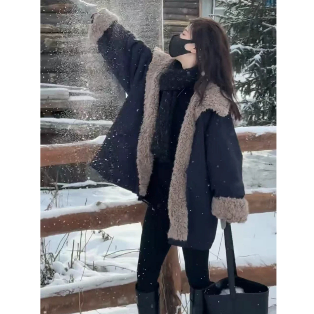 【高端线】黑色单排扣透气上衣冬季毛领保暖防风上衣外套时尚女