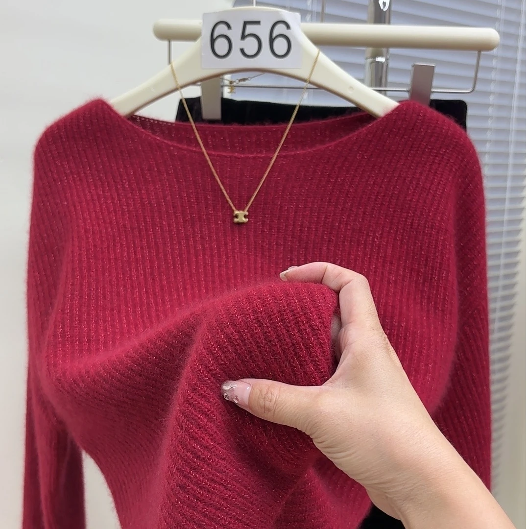 小一字领】金银丝韩版宽松慵懒风厚款时尚气质女士全羊毛衫-1227