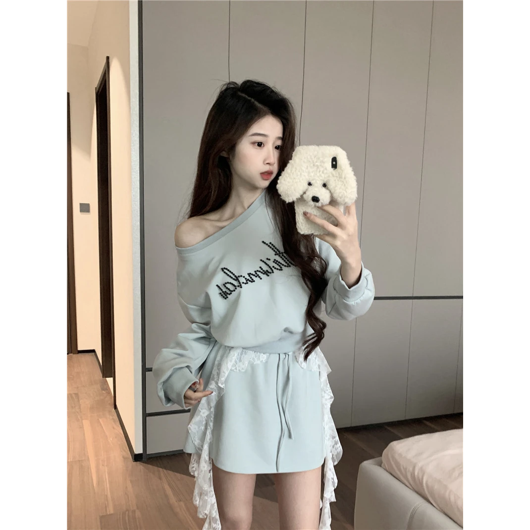 新款韩版气质露肩显瘦套装卫衣+上衣半身裙蕾丝吊带三件套长袖