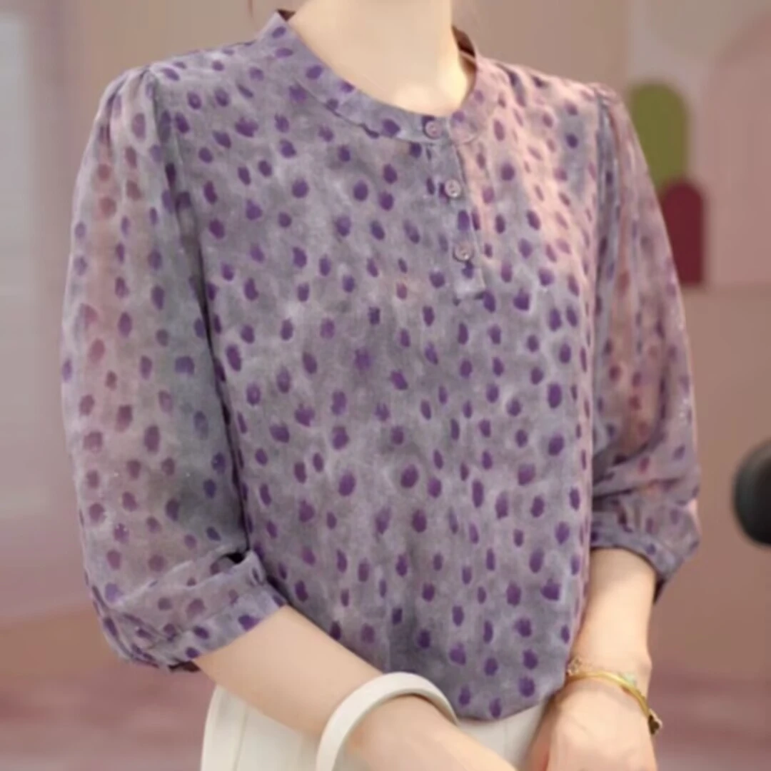 【洒银】夏季薄款冰丝衬衫中年妈妈装遮肚显瘦宽松七分袖上衣671#