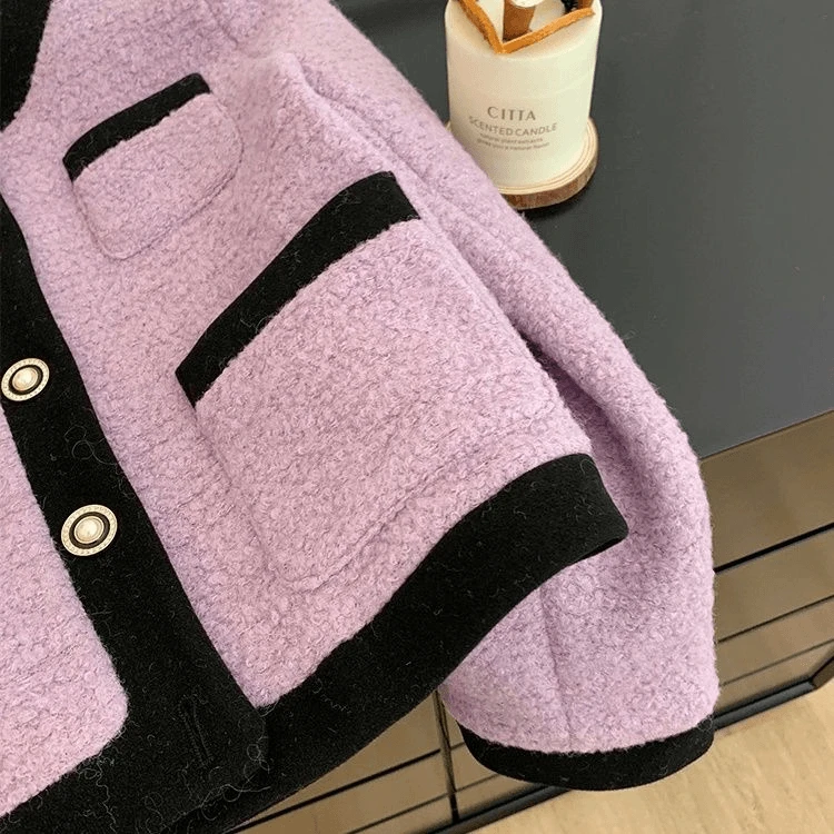 小香风香芋紫圆领薄款宽松短外套女秋季新款时尚休闲气质上衣