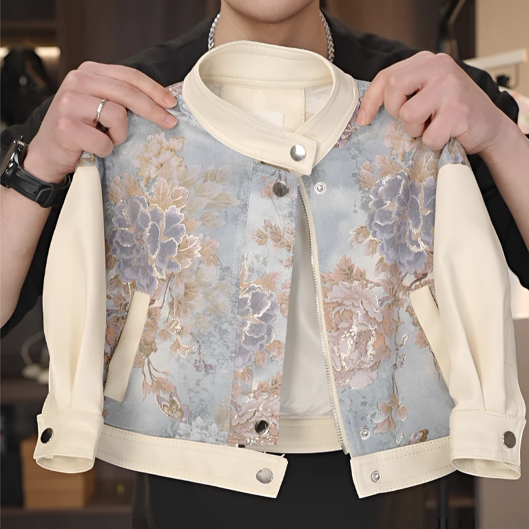【拼接花卉立领】2025新款男女童皮衣国风皮衣夹克新理念国风套装