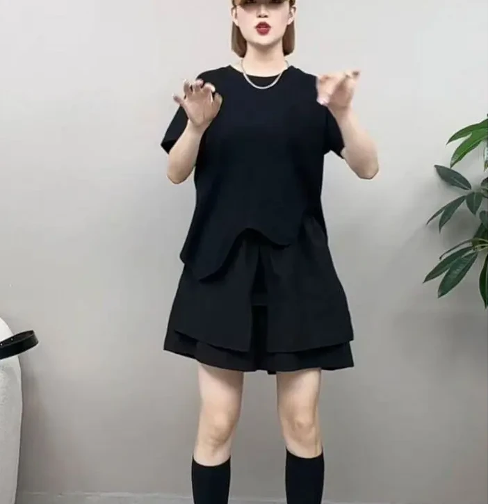 日系百搭松紧高腰休闲阔腿短款五分裤女夏+圆领不规则T恤  两件套