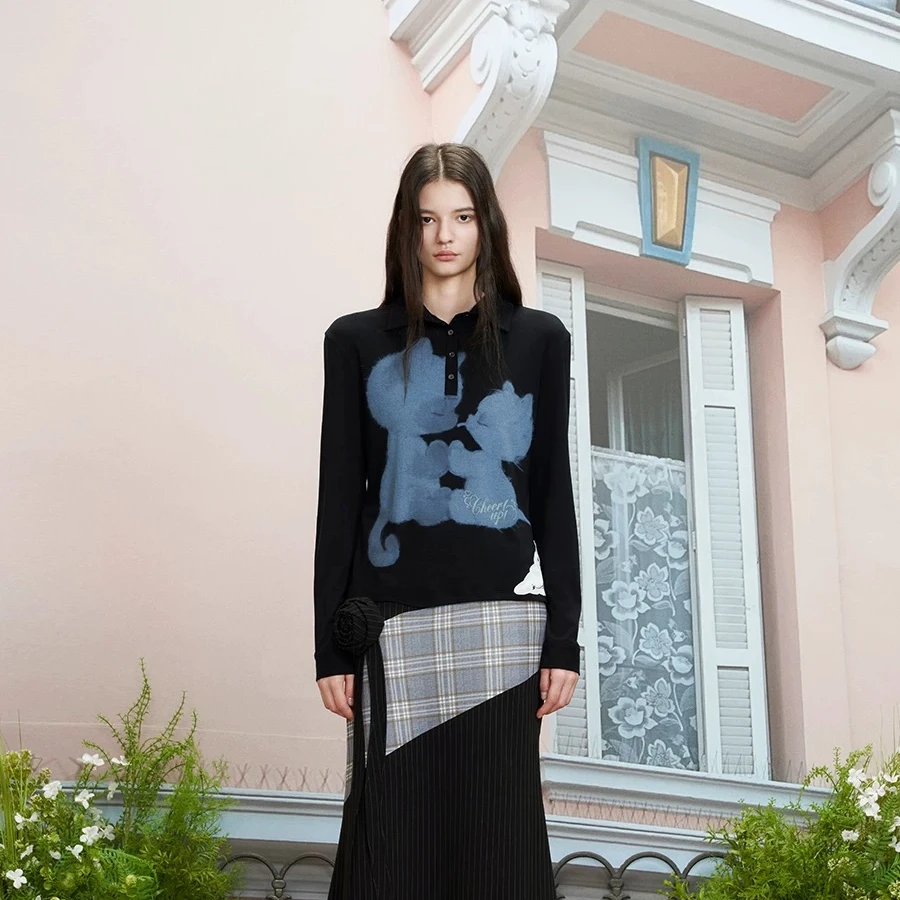 CHEER25春夏新款浓情蜜意小猫POLO长袖经典百搭