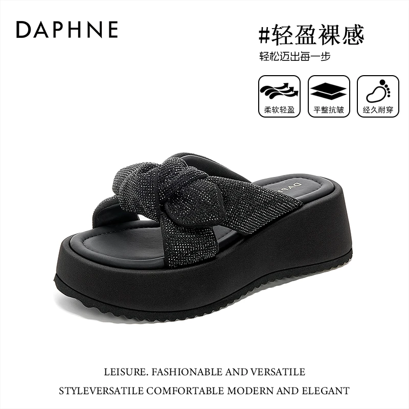 达芙妮新款露趾仙女风一字拖鞋女款2025夏季蝴蝶结厚底沙滩鞋外穿