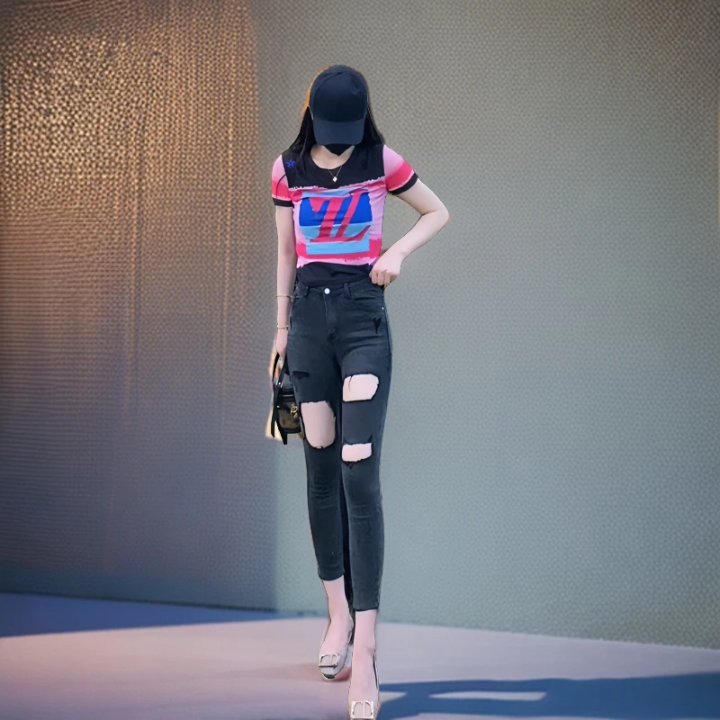 【金金家】2025新款百搭印花短袖上衣修身打底春夏拼色-0876#性感