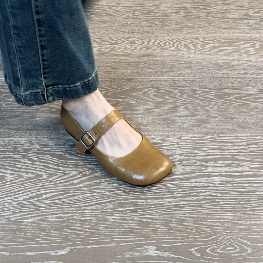 1CM羊皮复古圆头低跟单鞋玛丽珍鞋平底浅口妈妈鞋平底百搭女鞋