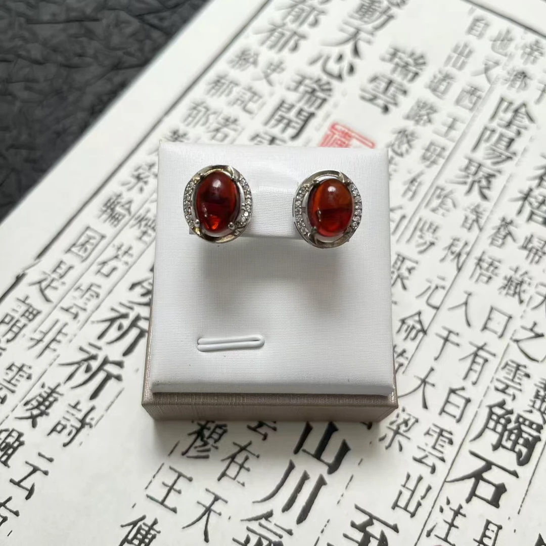 天然缅甸血珀干放S925银镶嵌耳钉