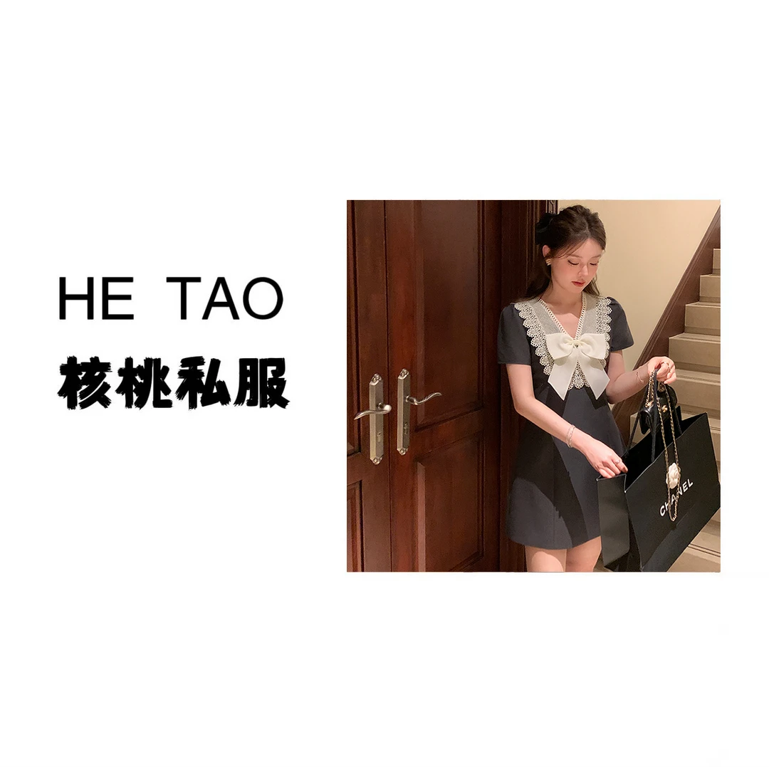 【核桃HETAO】【送蝴蝶结】法式千金蕾丝花边领女v领收腰A字短裙D1011