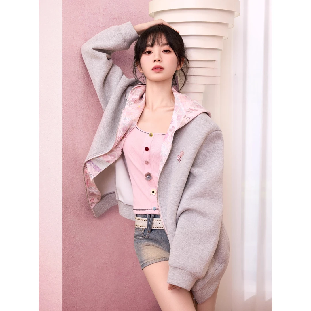 田曦薇同款ablueberry 灰色连帽卫衣外套女宽松甜美休闲夹克
