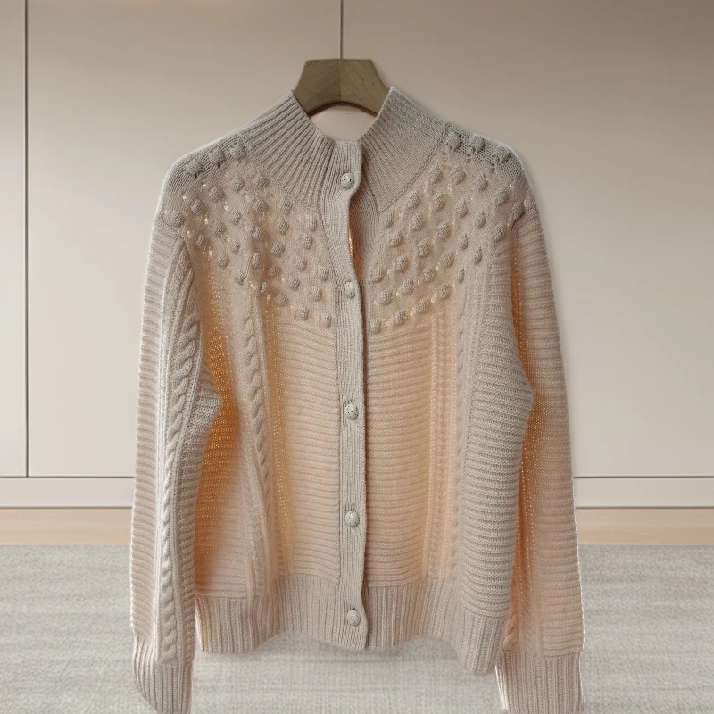 【美久仟】北欧风！山羊绒加厚挑洞半高领针织开衫女秋冬