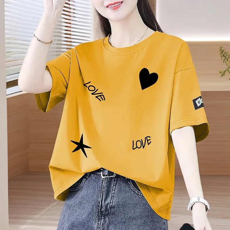 100%纯棉短袖t恤女2025夏季新款洋气减龄宽松显瘦圆领体恤上衣ins
