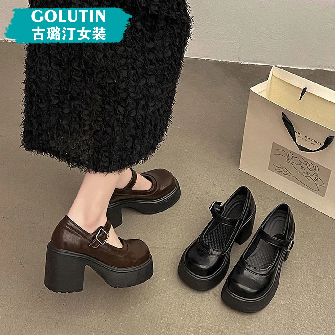 【古璐汀】9cm高跟法式粗跟一字式扣带玛丽珍单鞋日系皮鞋黑色夏季