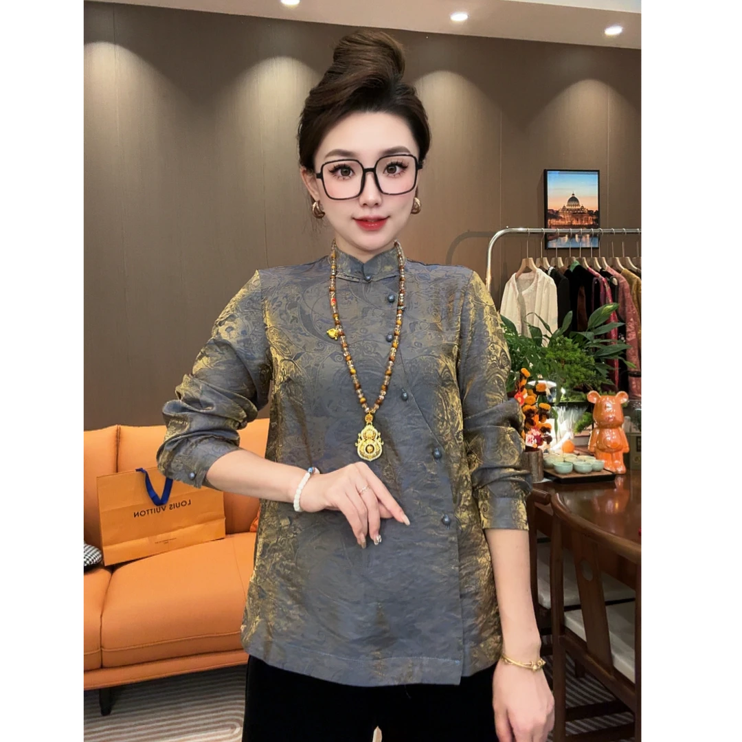 【DT】中国风流光锦复古提花盘扣长袖立领衬衫女装秋冬