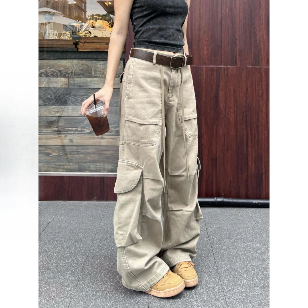 什僖美式复古多口袋宽松直筒工装裤女酷飒风阔腿抽绳拖地长裤男潮