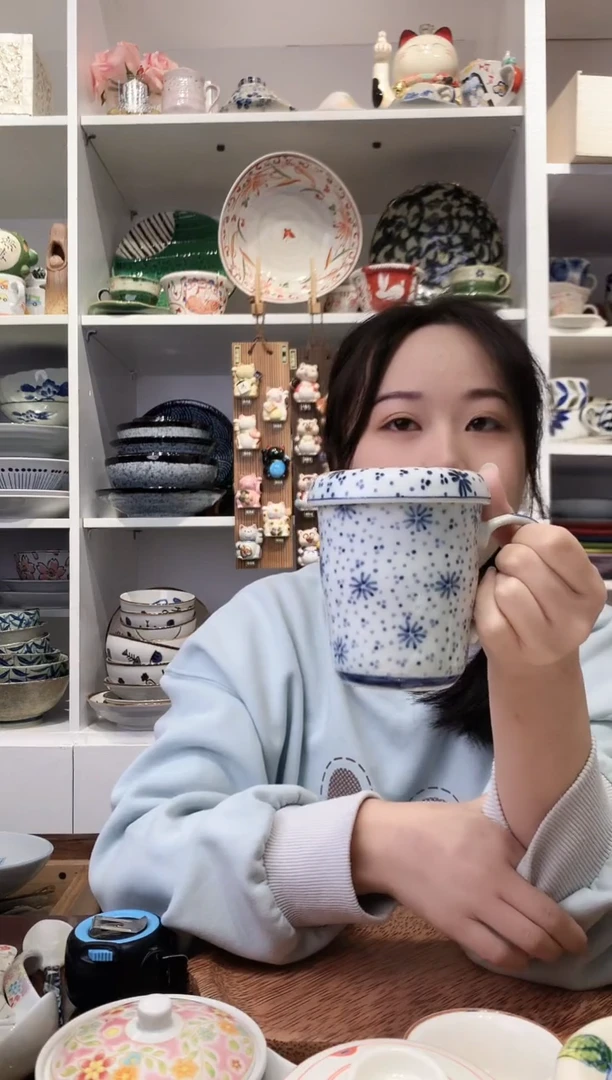 陶瓷日本进口古染雪花盖杯