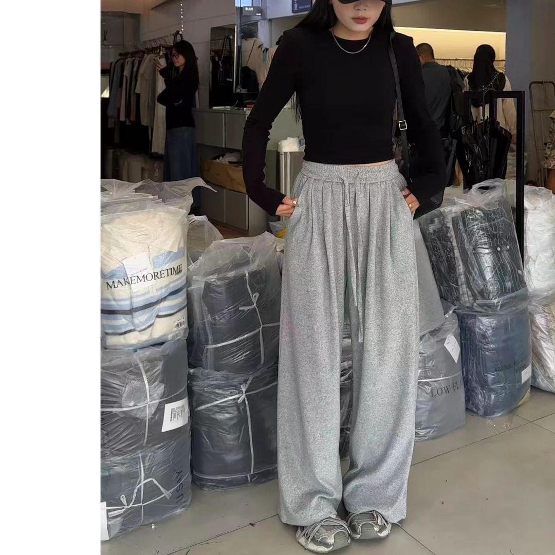 阔腿裤高腰秋季透气休闲裤百搭灰色宽松裤子女