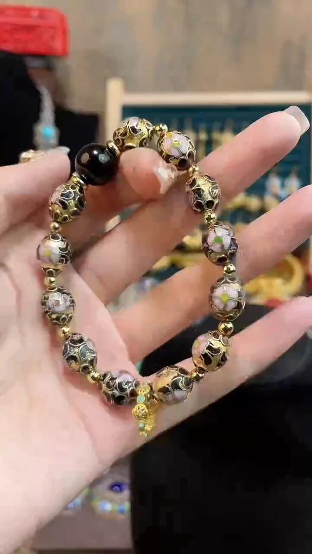 非遗手工景泰蓝金地枣珠手串黑色