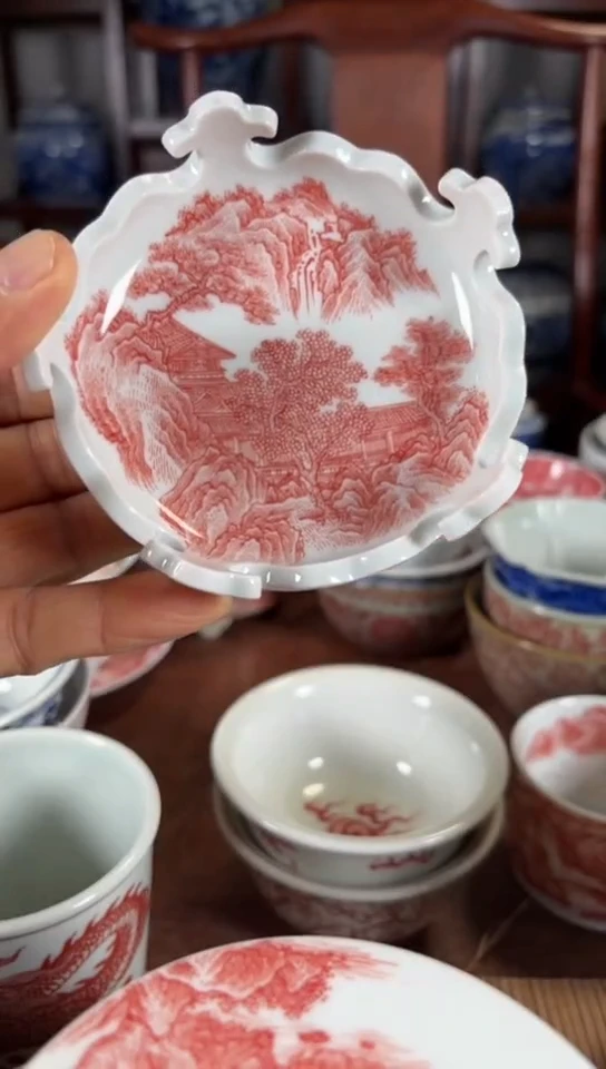 柴窑釉里红山水盖置