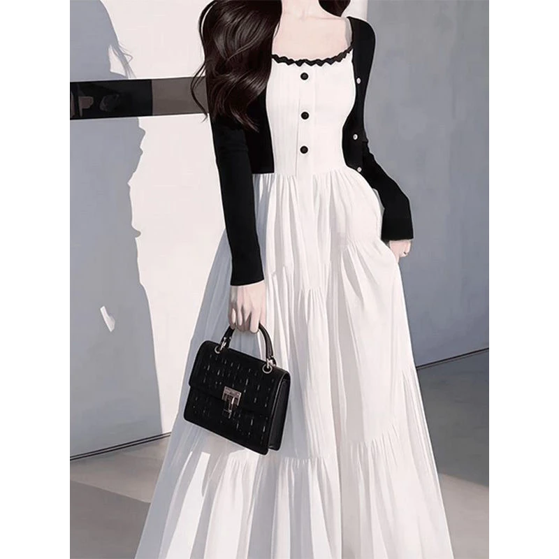 赫本风吊带连衣裙套装女秋季长袖开衫设计感小众拼接收腰显瘦长裙
