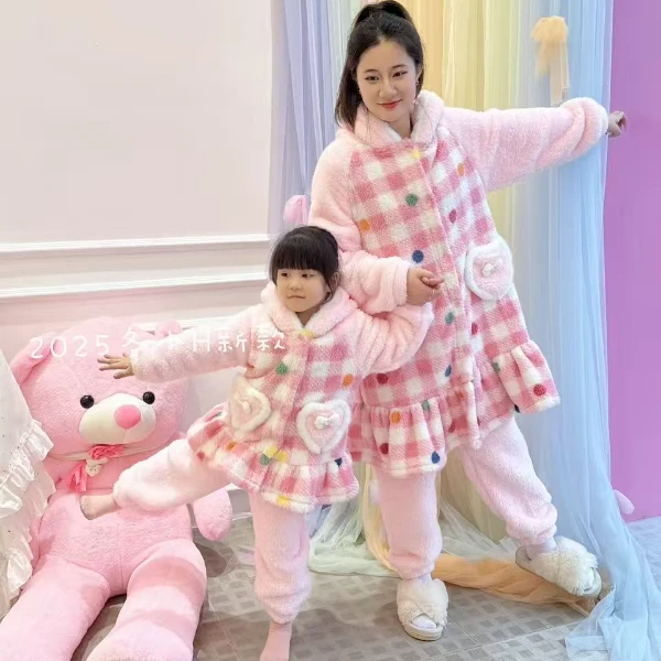 儿童亲子卡通风冬季保暖居家家居服套装加厚格子睡衣2588008