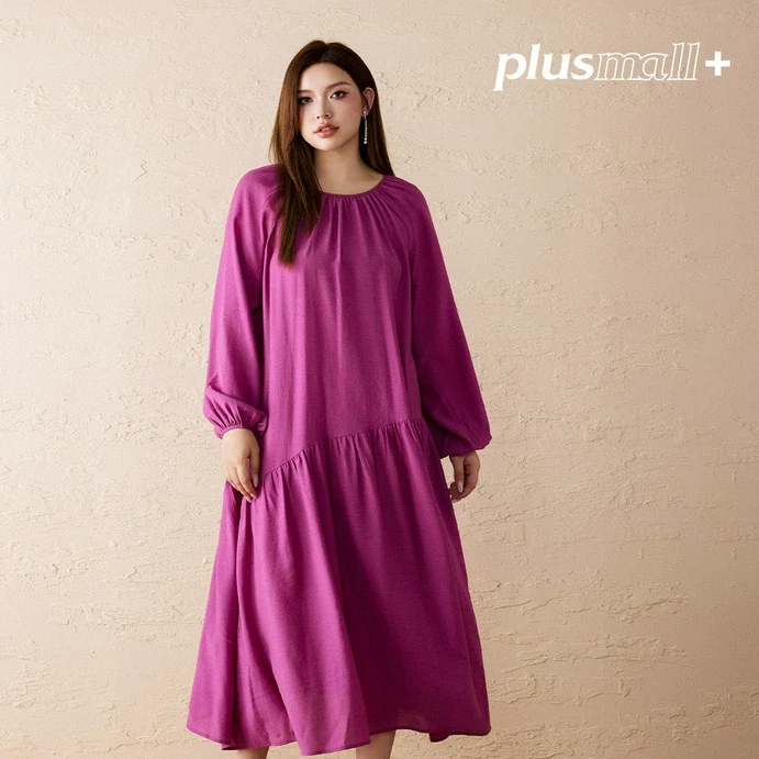 PLUSMALL 莉莉安日记 涤纶醋纤宽松圆领显瘦连衣裙PAC2412047
