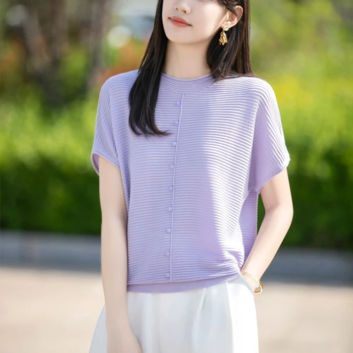 品牌 莱赛尔一字领短袖条纹小飞袖夏季女假单排扣上衣 时尚