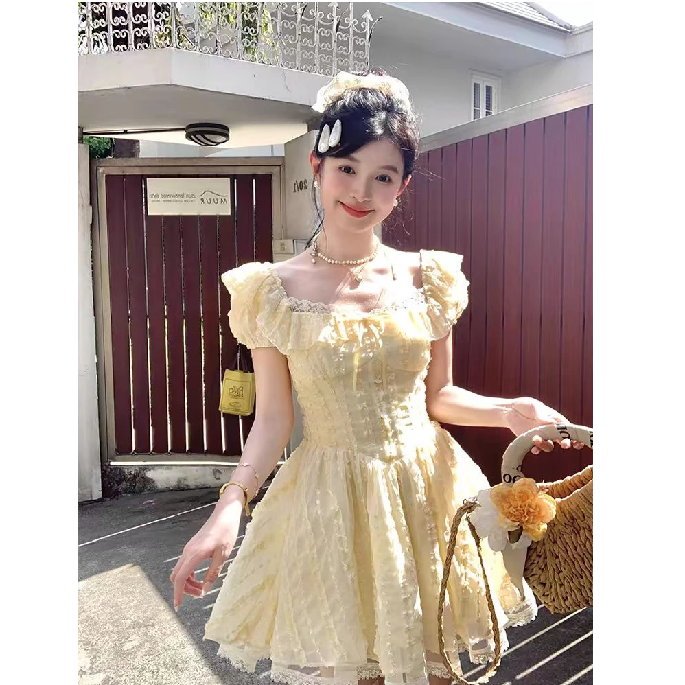 【C0336】复古收腰方领仙气森系甜美优雅温柔气质显瘦小众连衣裙