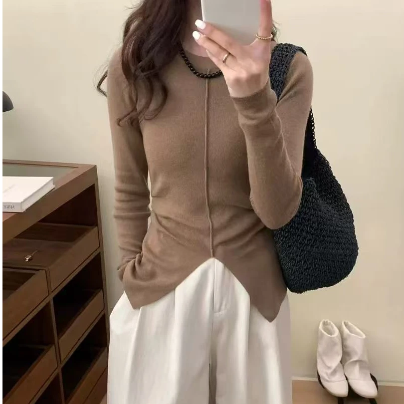 XB09#春季圆领正肩软糯褶皱修身开叉内搭上衣