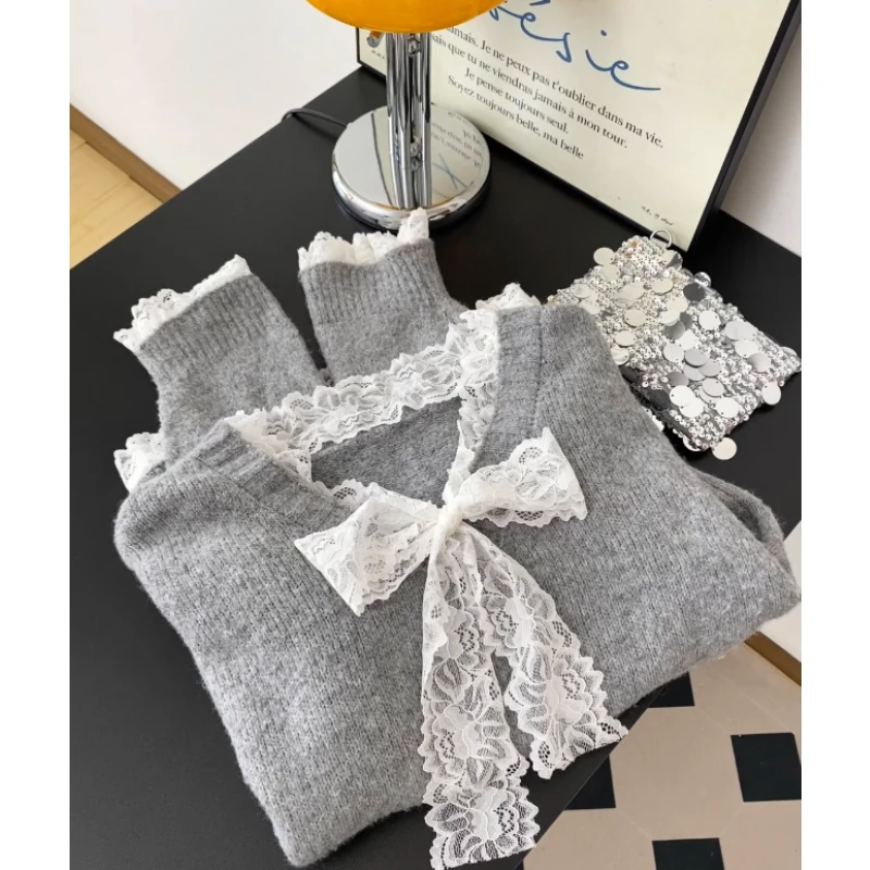 学院风开学穿搭拼接宽松长袖毛衣女秋冬新款慵懒风甜美针织衫上衣