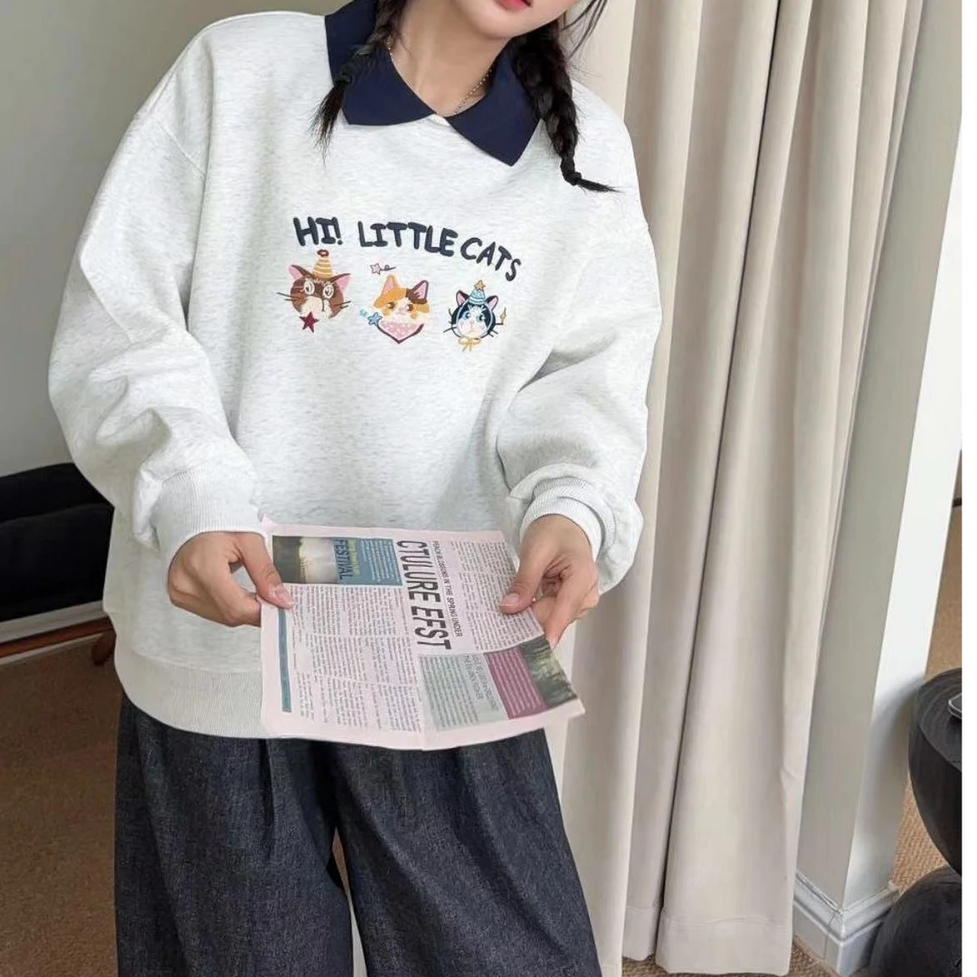 加绒卫衣 衬衣领假两件 三只猫刺绣 宽松减龄百搭卫衣