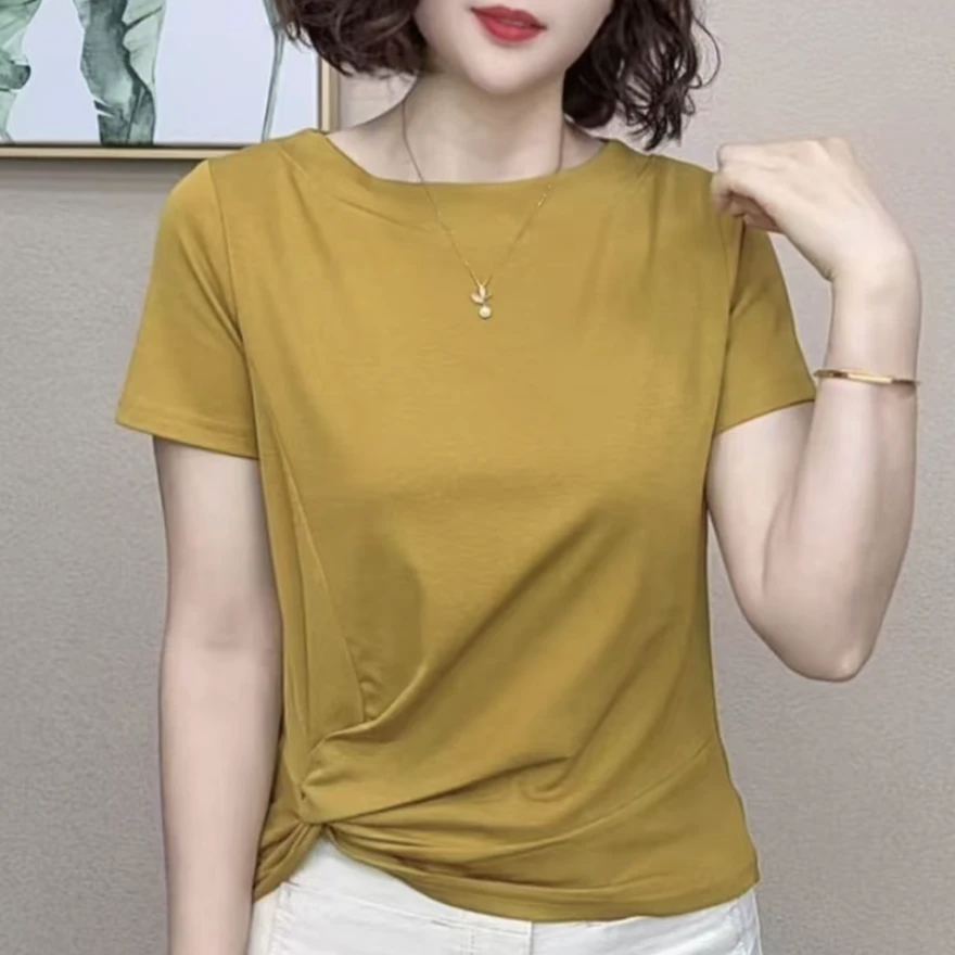 夏季新款女士圆领小衫时尚洋气百搭气质上衣显瘦遮肉休闲减龄T恤