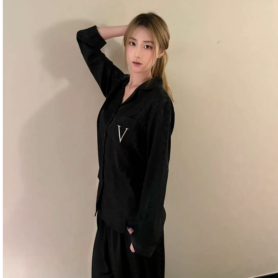 高定缎面春秋甜美居家家居服秋冬套装长袖时尚短裤女士豹纹睡衣女