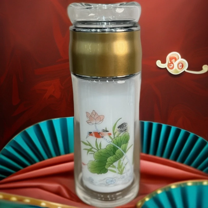 双层碧荷玻璃茶漏保温杯