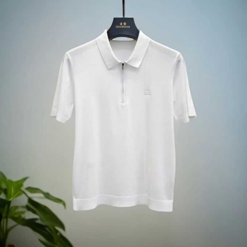 【针织T恤25057】男士高奢轻商务休闲时尚透气拉链领短袖针织T恤衫