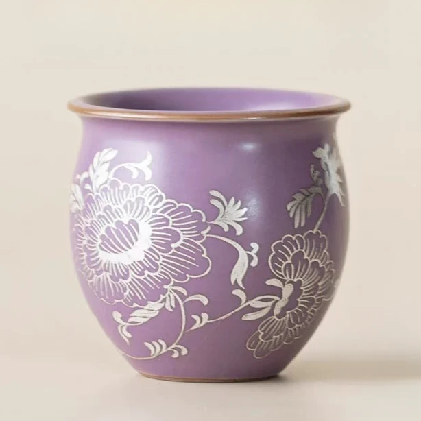 汝窑鎏银缠枝牡丹丁香紫高端典雅陶瓷茶具蛋型杯