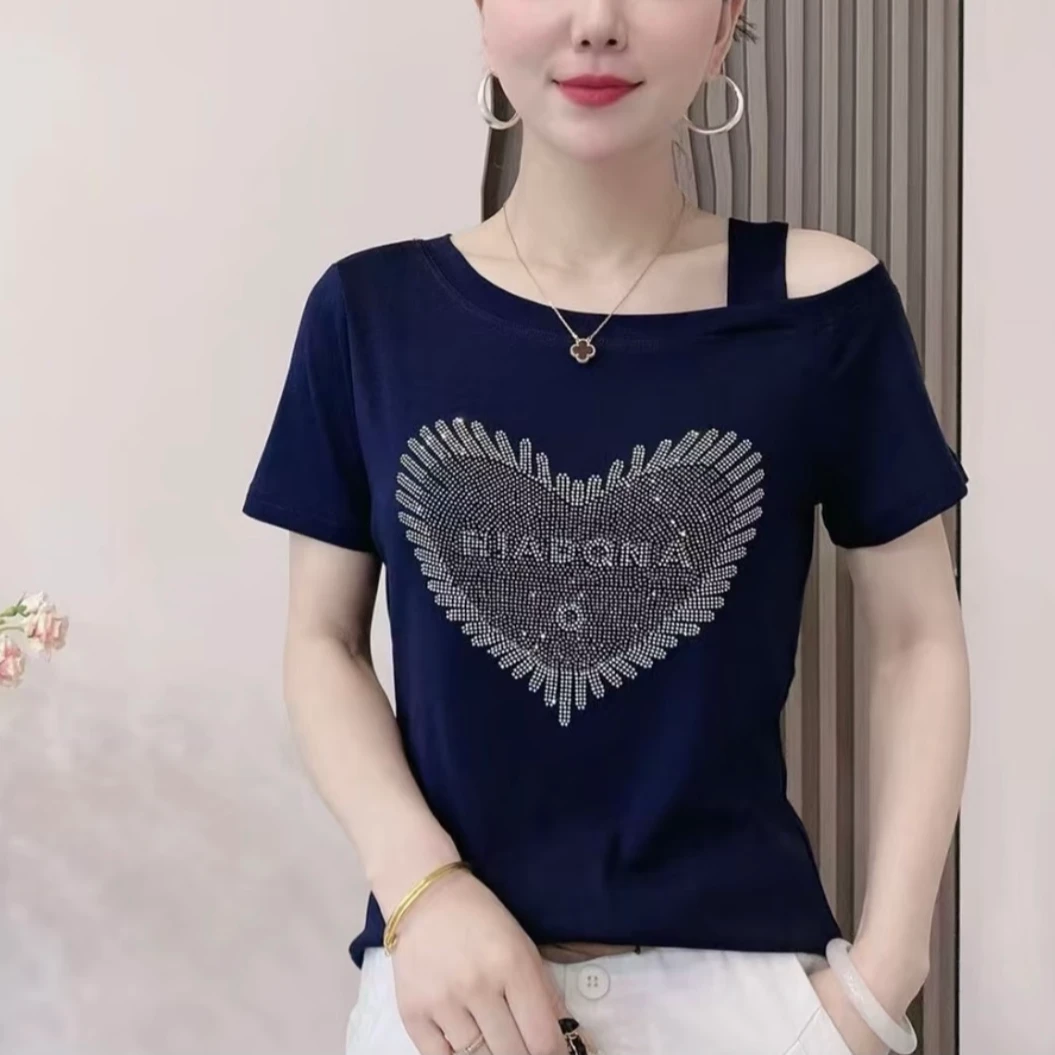 2025夏季网红款T恤炸街洋气重工烫钻爱心漏肩拼接短袖上衣86900