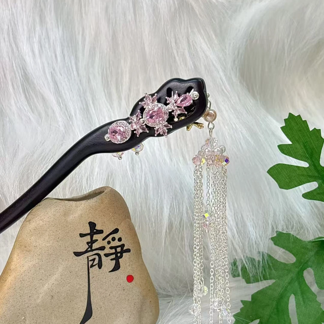 K248单钗粉色长流苏百搭原创设计手工款18公分发簪
