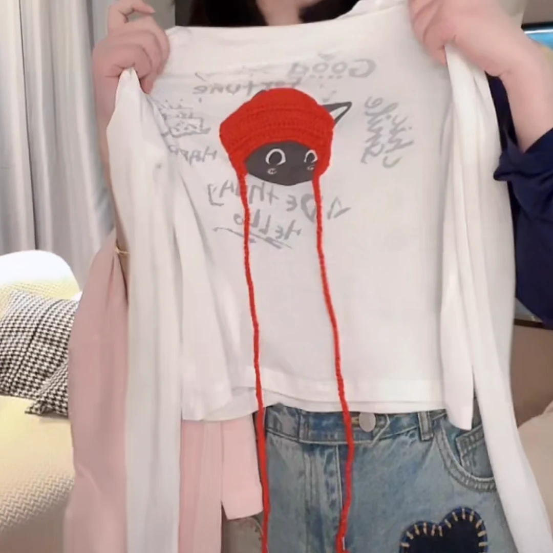 设计感玩偶印花小众短款长袖T恤女2025春夏新款薄款打底防晒上衣