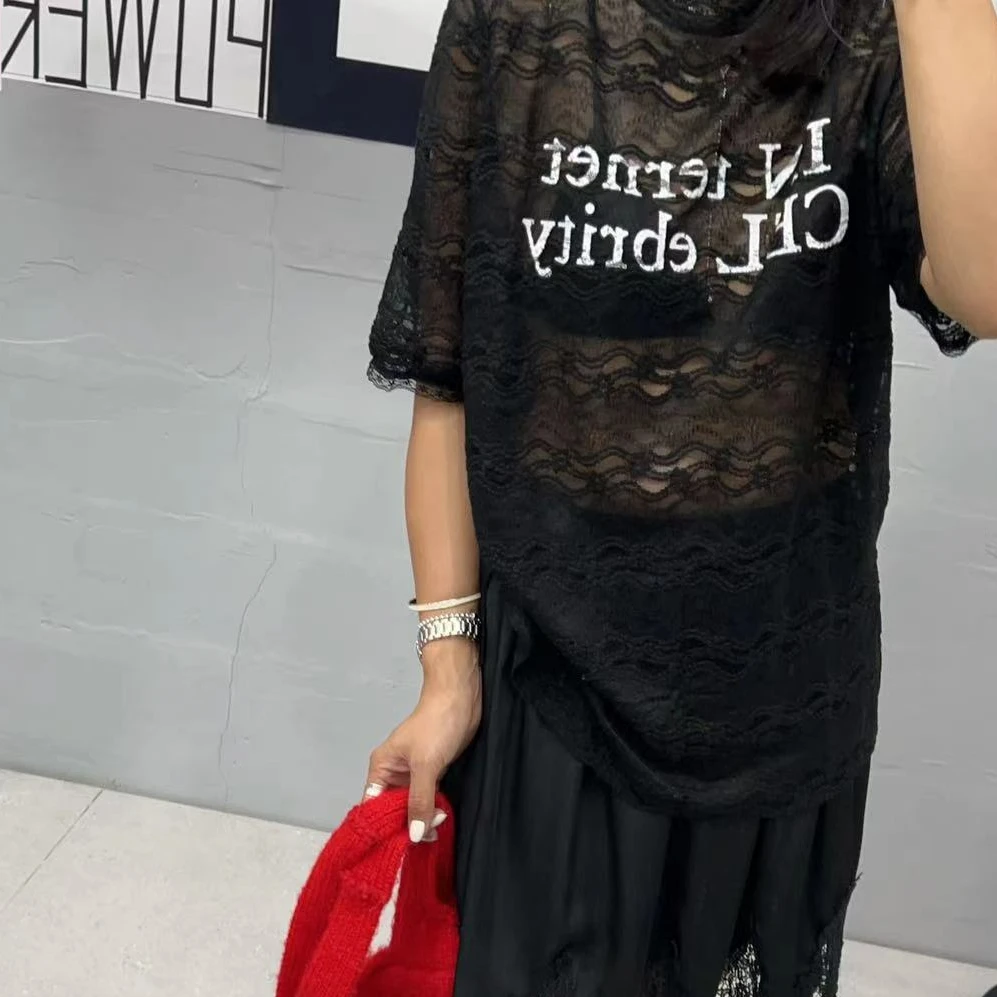 SISTERS【四季打底】清透蕾丝短袖字母蕾丝T恤【长70CM胸围60CM】